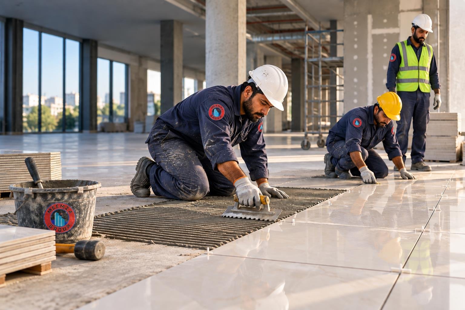 Construction professional applying a tile adhesive solution