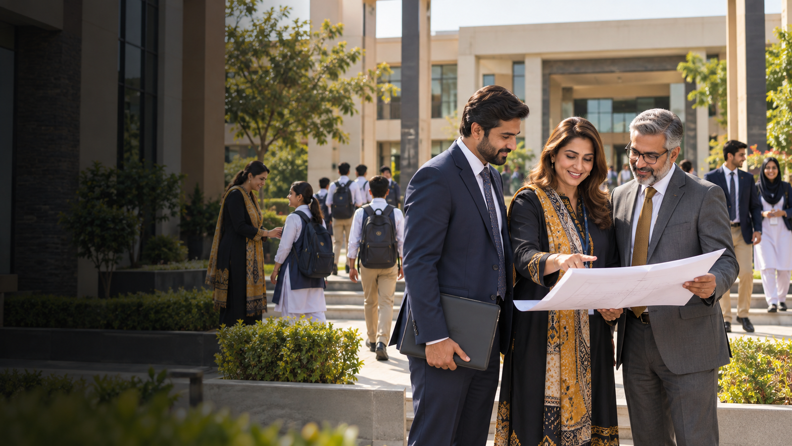 Education leaders reviewing a school network plan as students enter a modern campus